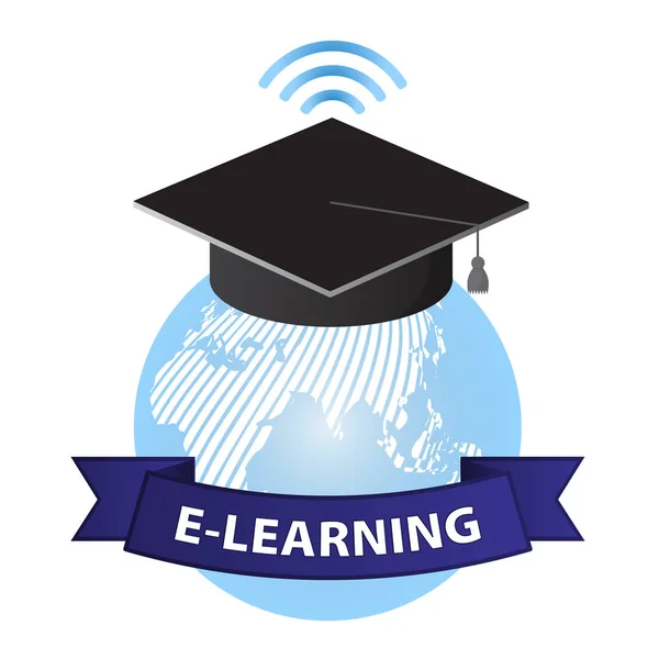 Concepto de aprendizaje remoto. E-learning school university illustration. Globo en una gorra académica con un símbolo de red de Internet . — Archivo Imágenes Vectoriales
