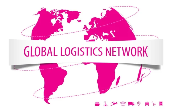 Globales Logistik-Netzwerkkonzept. Weltkarte und Logistikvektorsymbole auf rosa gesetzt. — Stockvektor