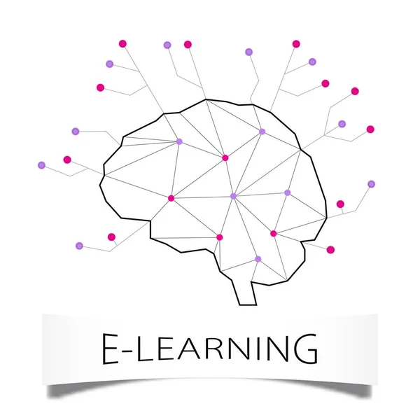 Concepto de aprendizaje remoto. Silueta de un cerebro humano en estilo poligonal y elementos de un microcircuito integrado sobre un fondo blanco. Escuela de E-learning ilustración universitaria con sombra vectorial suave . — Archivo Imágenes Vectoriales