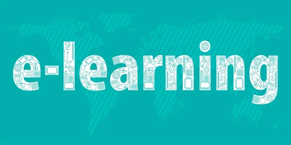 원격 학습의 개념입니다. E-학습 온라인 교육 아이콘에서 밝은 파란색에 내장. 세계 배경의 지도. — 스톡 벡터