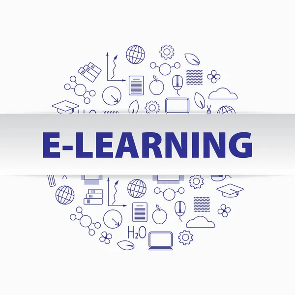 Concepto de aprendizaje remoto. Banner web lineal para e-learning. Círculo de iconos de línea delgada de la educación en línea en azul — Archivo Imágenes Vectoriales
