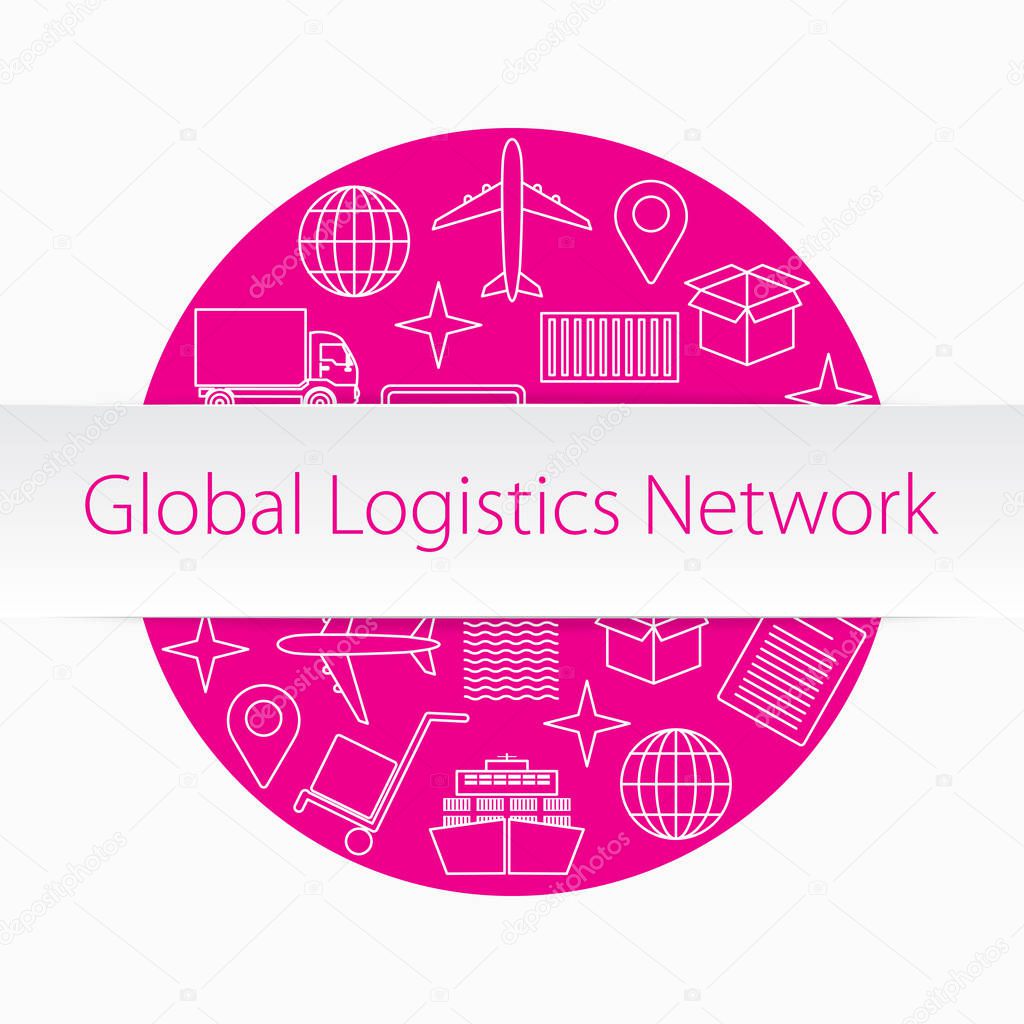 Global logistics network concept.Circle from thin line icons of logistics on pink.
