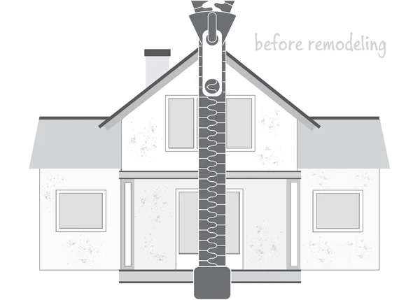 Professionell hus Remodeling. Silhuett av ett gammalt oreparerade hus och dragkedja. Del ett - innan ombyggnad — Stock vektor
