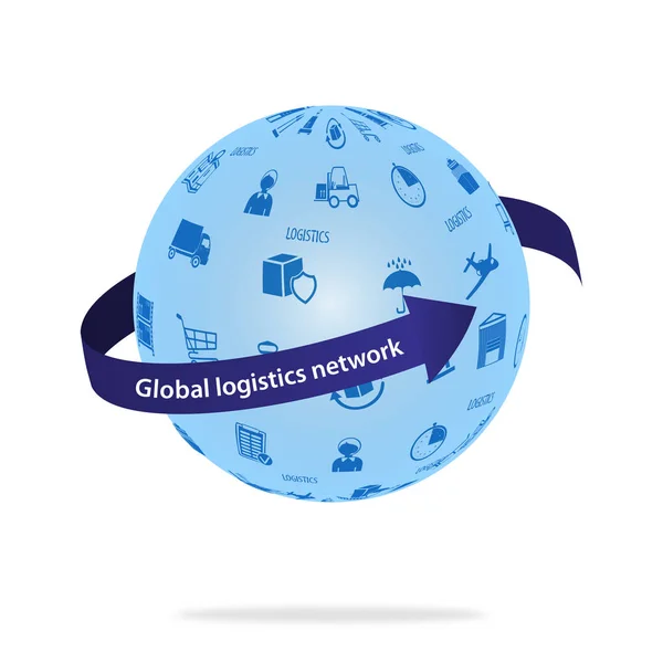 Koncepcja sieci Global logistics. Kula z ikony logistyczne i niebieską wstążką wokół kuli. — Wektor stockowy