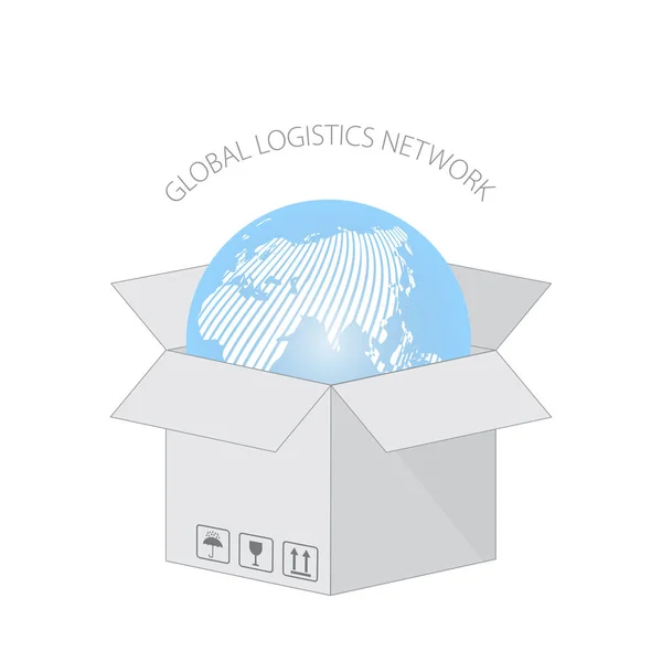 Concept de réseau logistique mondial. Globe est dans une boîte en carton pour livraison. Boîte ouverte en carton avec symboles d'emballage vectoriels . — Image vectorielle