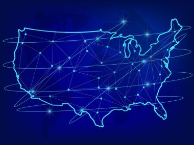 Global lojistik ağ kavramı. İletişim ağ dünya arka plan üzerinde ABD Haritası. ABD harita çokgen tarzı düğümlerle.