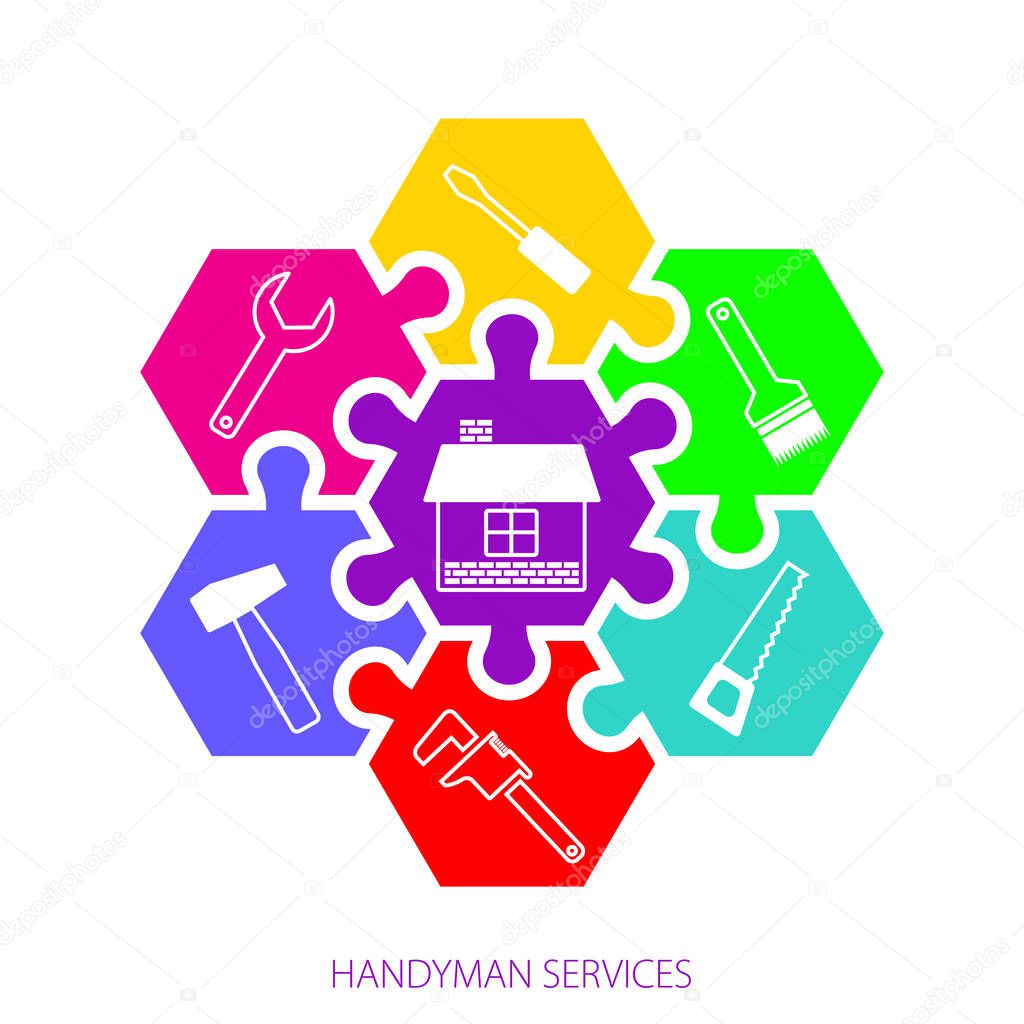 Professional handyman services logo. Concept handyman services. Hexagonal colorful puzzles and  icons of tools for remodel.