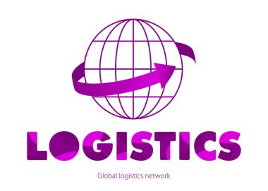 Global lojistik ağ kavram violet. Renkli yuvarlak harfler. Menekşe ok dünya çapında gider.