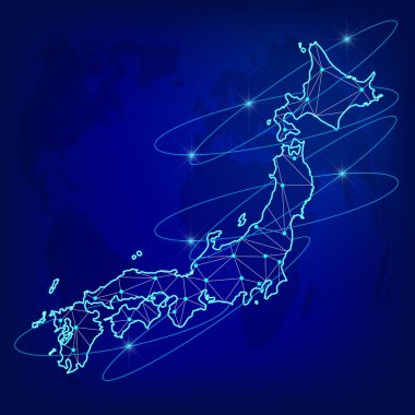 Global lojistik ağ kavramı. İletişim ağ dünya arka plan üzerinde Japonya Haritası. Japonya Haritası poligonal tarzı düğümlerle.