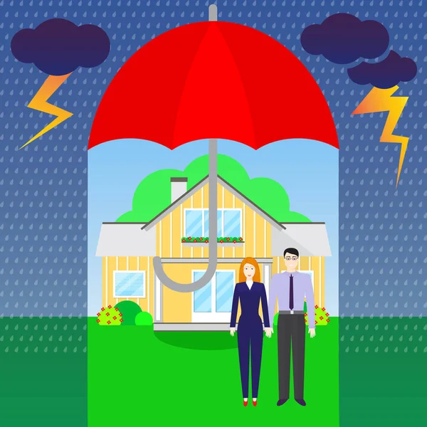 Concepto de agencia de seguros. Concepto de casa de seguros. Una joven pareja y su hermosa casa están protegidos de los problemas por un paraguas rojo . — Vector de stock