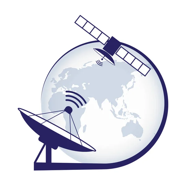 Konstgjorda satellit. Telekommunikation satellit på jorden geostationära i utrymme och satellit antenn. — Stock vektor