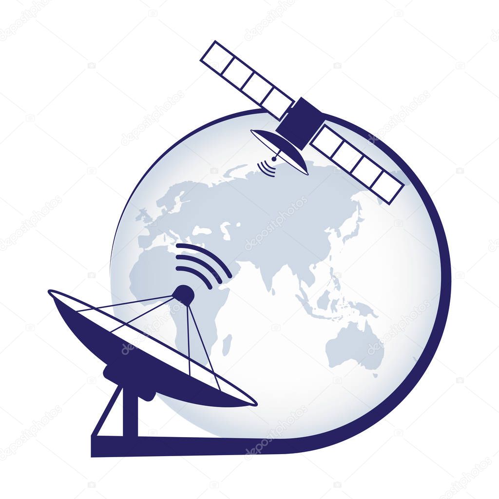 Artificial satellite. Telecommunication satellite on the earth geostationary in space and satellite antenna.