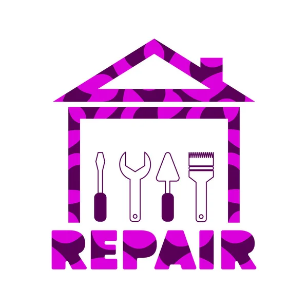 Professioneller Hausumbau. Silhouette des Hauses und eine Reihe von Werkzeugen für die Reparatur. Reparatur Schriftzug in violett. — Stockvektor