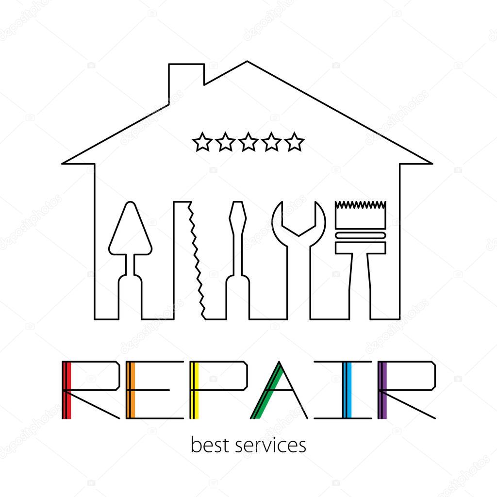 Silhouette of a house with tools for repair. Logo of Repair Home with colorful lettering on the white background.  Stock vector. Flat design. Vector illustration EPS10.