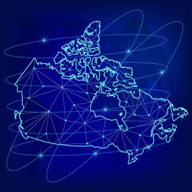 Global lojistik ağ kavramı. İletişim ağ dünya arka plan üzerinde Kanada Haritası. Kanada Haritası poligonal tarzı düğümlerle.