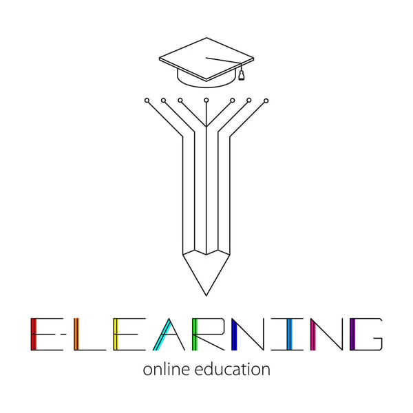 Concepto de aprendizaje remoto. Silueta de pluma y gorra académica. Logo de E-learning y letras coloridas . — Archivo Imágenes Vectoriales