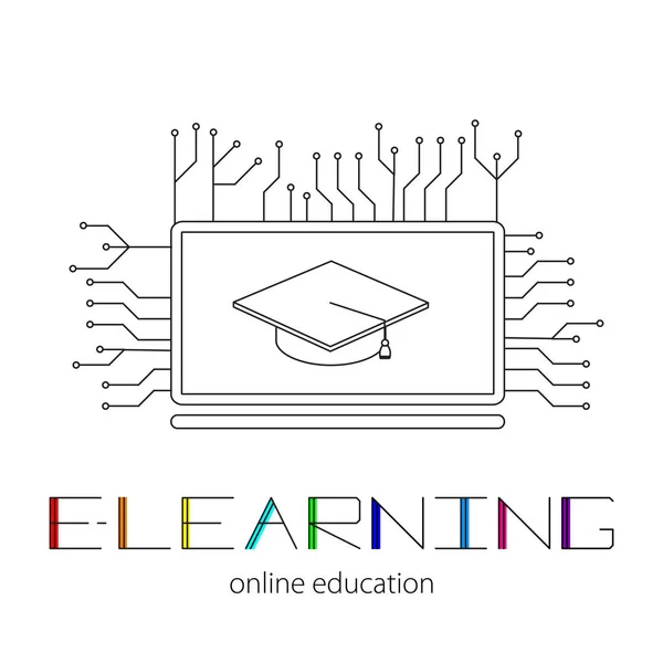 Concepto de aprendizaje remoto. Silueta de una laptop y gorra académica. Logo de E-learning y letras coloridas . — Archivo Imágenes Vectoriales