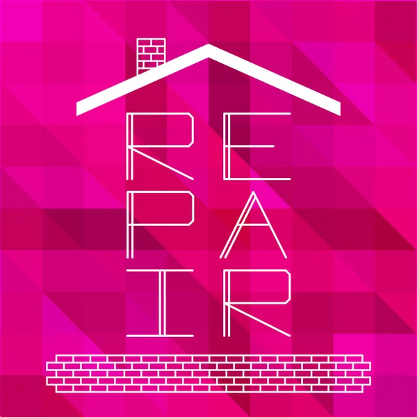 Logo de Repair Home con letras en el fondo poligonal rosa brillante. Silueta del techo de la casa y ladrillos. Vector de acciones. Diseño plano — Vector de stock