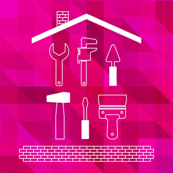 Professioneller Hausumbau. Reparaturwerkzeuge auf dem leuchtend rosa polygonalen Hintergrund. Silhouette des Daches und Ziegel. Aktienvektor. — Stockvektor