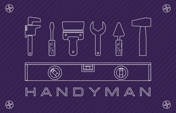 Professionelles Handwerker-Logo. Silhouetten von Werkzeugen zur Reparatur auf einem geometrischen violetten Hintergrund. Aktienvektor. — Stockvektor