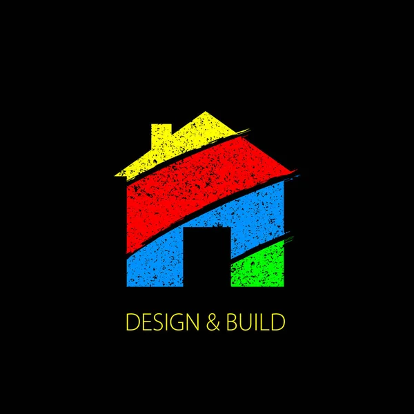 Construction working industry concept. Silhouette of a house from bright colored parts in style craft on black background. Design and build logo. — Stock Vector