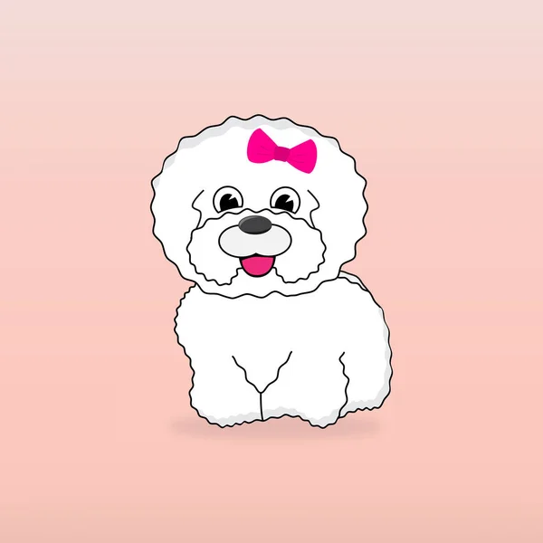 Personaje de dibujos animados perro bichon con lazo rosa. Vector blanco lindo perro Bichon Frise raza sonriendo . — Vector de stock