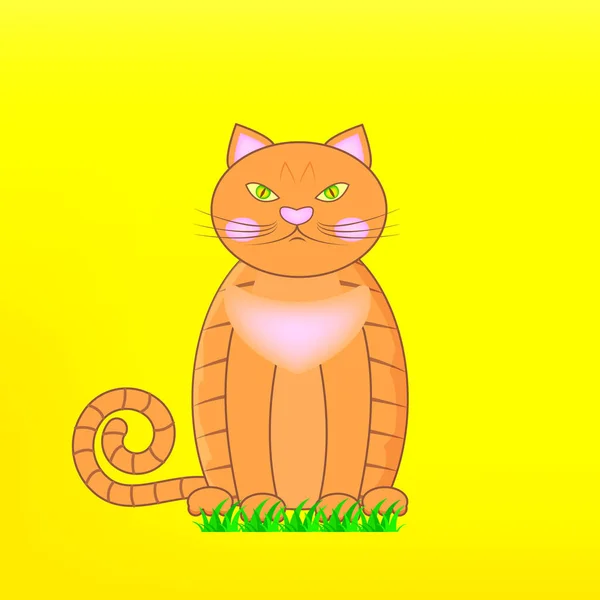 Tecknad karaktär orange brittiska katt på grönt gräs. Röd grinig brittiska manliga katt på gul bakgrund. — Stock vektor