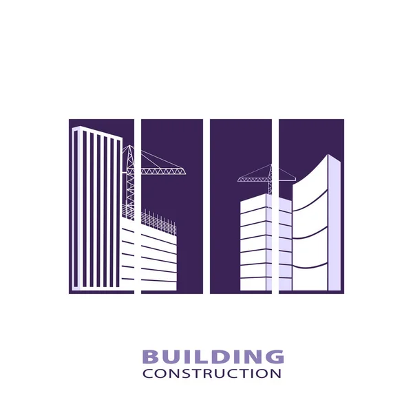 Construction working industry concept. Building construction logo in violet.  Silhouette of buildings and building cranes. — Stock Vector