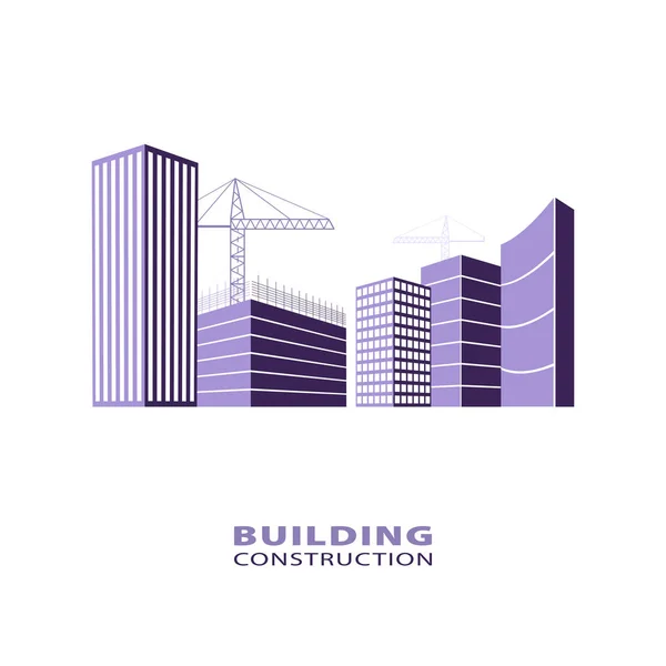 Construção conceito da indústria de trabalho. Silhueta de edifícios e guindastes de construção. Logotipo de construção em violeta . — Vetor de Stock