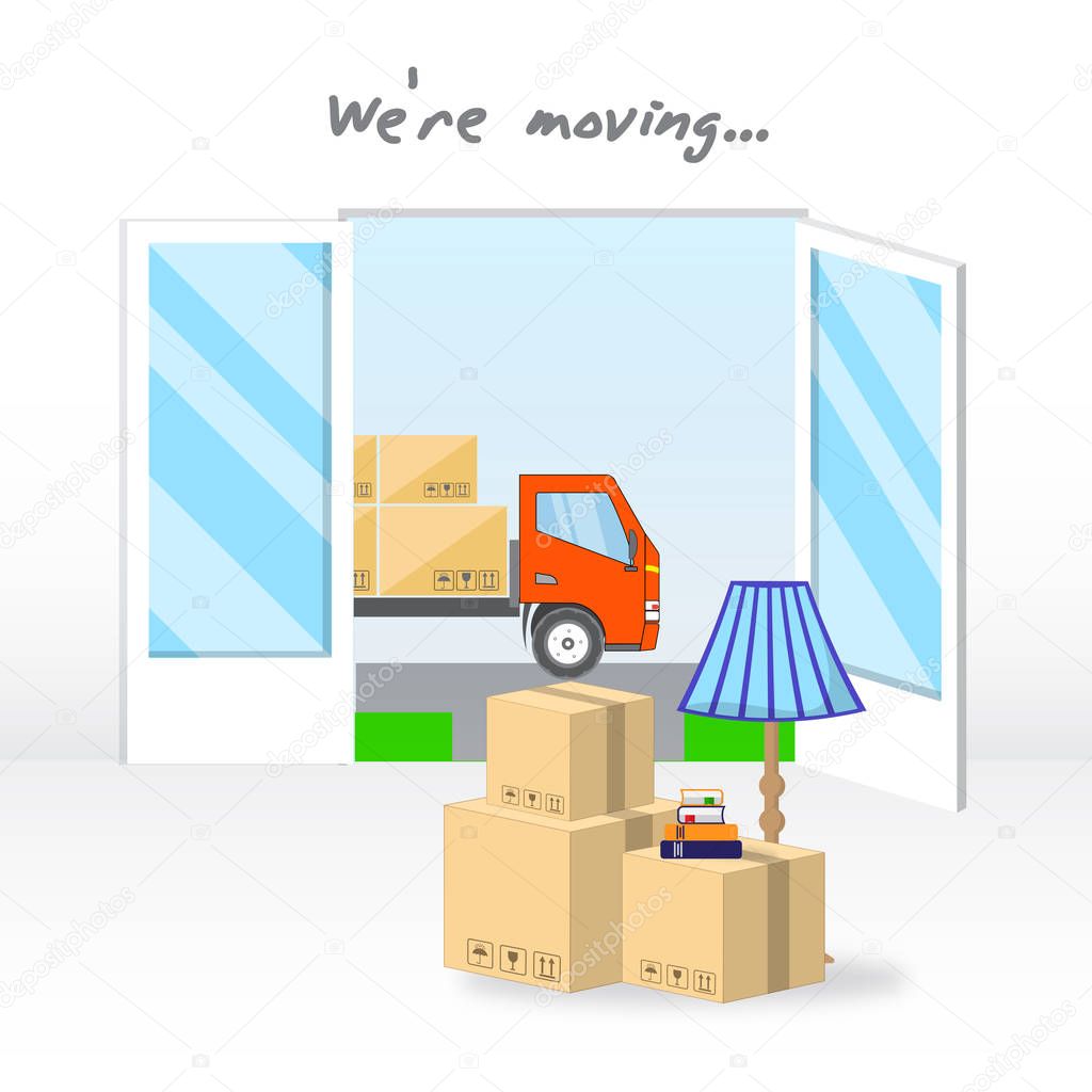 Transportation and home removal. We're moving. The truck with boxes is visible through the open doors of the house. Boxes, floor lamp, books in anticipation of moving. Vector illustration EPS10