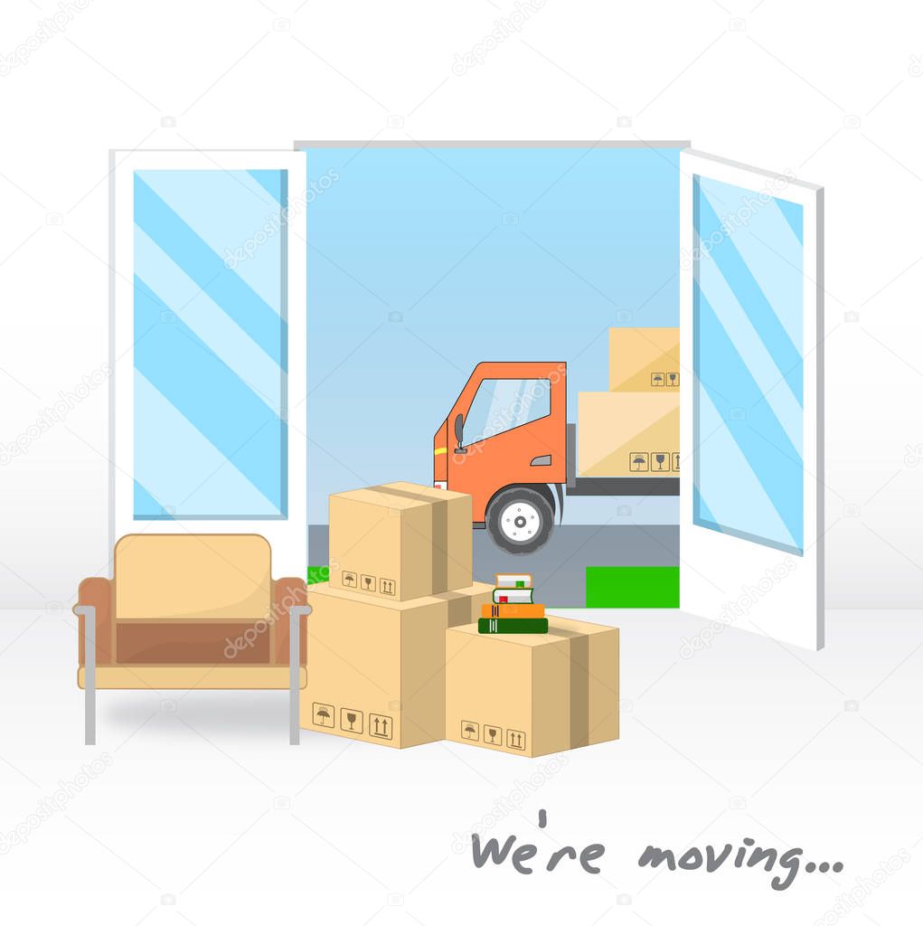 Transportation and home removal. We're moving. The truck with boxes is visible through the open doors of the house. Boxes, armchair, books in anticipation of moving. Vector illustration EPS10.