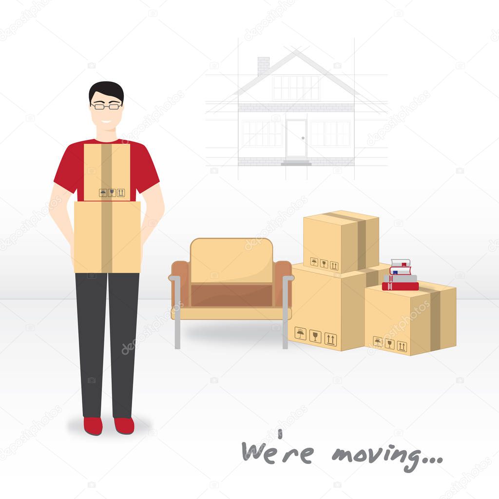 Transportation and home removal. We're moving. The young man with glasses and a red T-shirt is holding boxes.  Boxes, armchair, books in anticipation of moving.