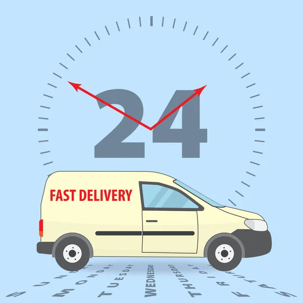 Concepto de entrega mundial. Icono de aplicación de entrega rápida. Entrega 24 horas al día, 7 días a la semana. El coche amarillo para la entrega. vector de stock . — Vector de stock