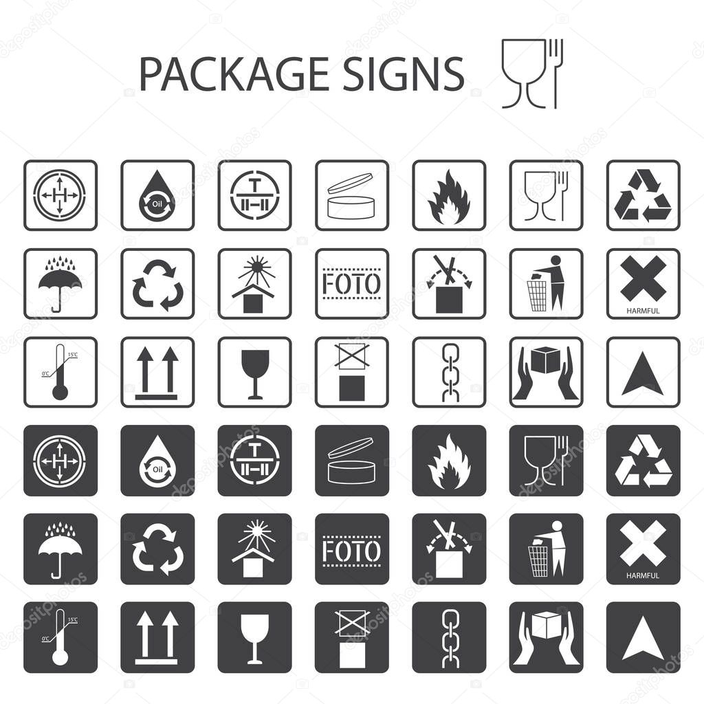 Vector packaging symbols on white background. Shipping icon set including recycling, fragile, the shelf life of the product, flammable, non-toxic material, this side up, other symbols. Use on package