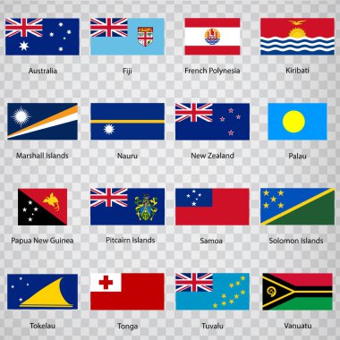 Avustralya ve Okyanusya ülkelerinin onaltı bayrağı. Avustralya ve Okyanusya 'daki tüm bayrakların listesi. Saydam arkaplan üzerine yazıtları ve orjinal oranları olan ülkeler. Web siteniz için bayraklar, logo, uygulama, Ui. Bölüm 10.