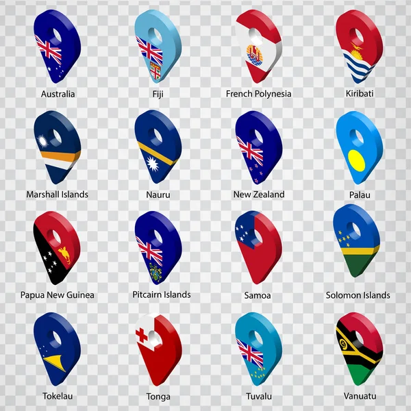 Sexton flaggor från Australien och Oceanien - alfabetisk ordning med namn. Uppsättning 3d geolocation tecken som nationella flaggor Australien och Oceanien. Sexton 3D-skyltar. Läpp10. — Stock vektor