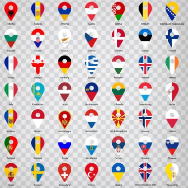 Kırk dokuz Avrupa ülkesi bayrağı. İsimli alfabetik sıra. Europre 'nin ulusal bayrakları gibi 2D konum belirleme işaretleri. Sitenin tasarımı, logosu, uygulaması ve Ui için kırk dokuz yer belirleme işareti. Bölüm 10.