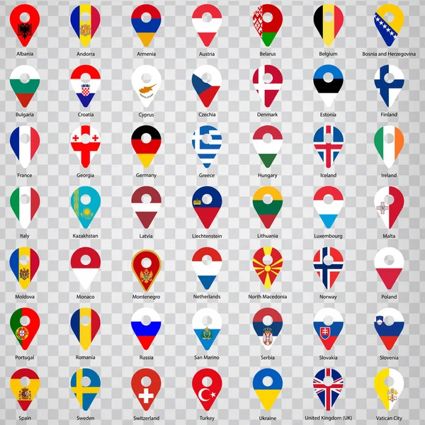 Neunundvierzig Flaggen europäischer Länder - alphabetische Reihenfolge mit Namen. 2d-Geolokalisierungsschilder wie Nationalflaggen von Europa. neunundvierzig Geolocation-Zeichen für Ihre Website-Design, Logo, App, ui. eps10. — Stockvektor