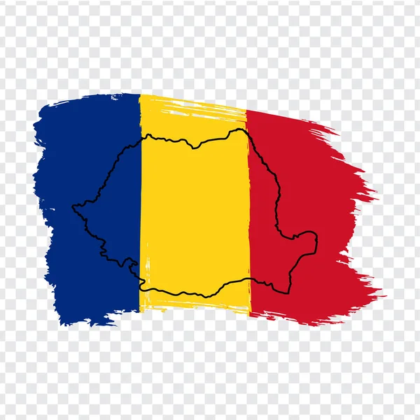 Bandera de Rumania de pinceladas y mapa en blanco de Rumania. Mapa de alta calidad de Rumania y bandera nacional sobre fondo transparente para el diseño de su sitio web, logotipo. EPS10 . — Vector de stock