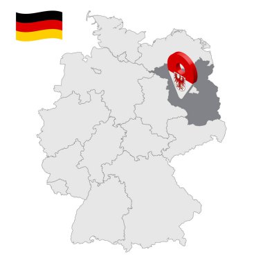 Brandenburg 'un Almanya Federal Cumhuriyeti haritasındaki yeri. Brandenburg bayrağına benzer 3D Brandenburg işareti. Bölgeli Almanya 'nın kaliteli haritası. Bölüm 10.