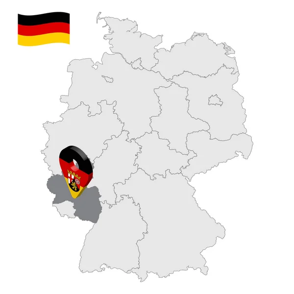 Ubicación de Renania-Palatinado en el mapa República Federal de Alemania. 3d Renania-Palatinado signo de ubicación similar a la bandera de Renania-Palatinado. Mapa de calidad de Alemania con regiones. EPS10 . — Archivo Imágenes Vectoriales