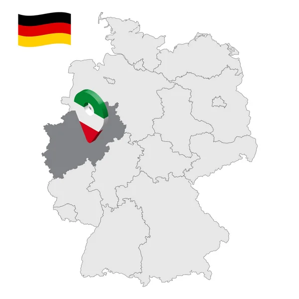 Ubicación de Renania del Norte-Westfalia en el mapa República Federal de Alemania. 3d Renania del Norte-Westfalia señal de ubicación similar a la bandera de Renania del Norte-Westfalia. Mapa de calidad de Alemania. EPS10 . — Archivo Imágenes Vectoriales