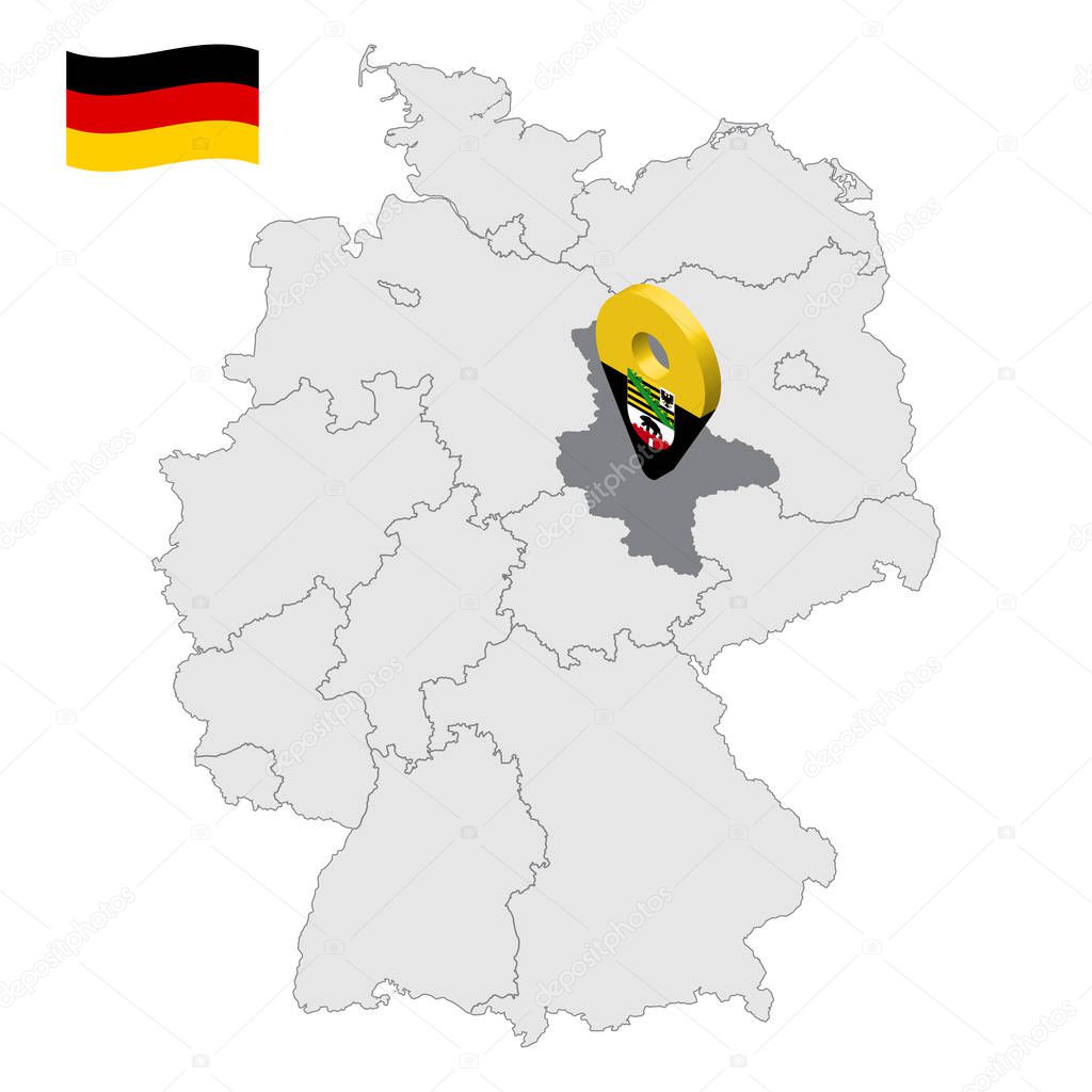 Location of Saxony-Anhalt on map Federal Republic of Germany. 3d Saxony-Anhalt location sign similar to the flag of Saxony-Anhalt. Quality map of Germany. EPS10.