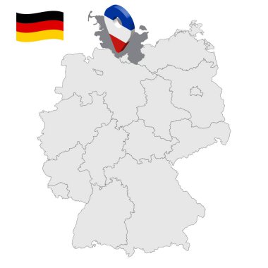 Location of Schleswig-Holstein on map Federal Republic of Germany. 3d Schleswig-Holstein location sign similar to the flag of Schleswig-Holstein. Quality map of Germany with regions. EPS10. clipart