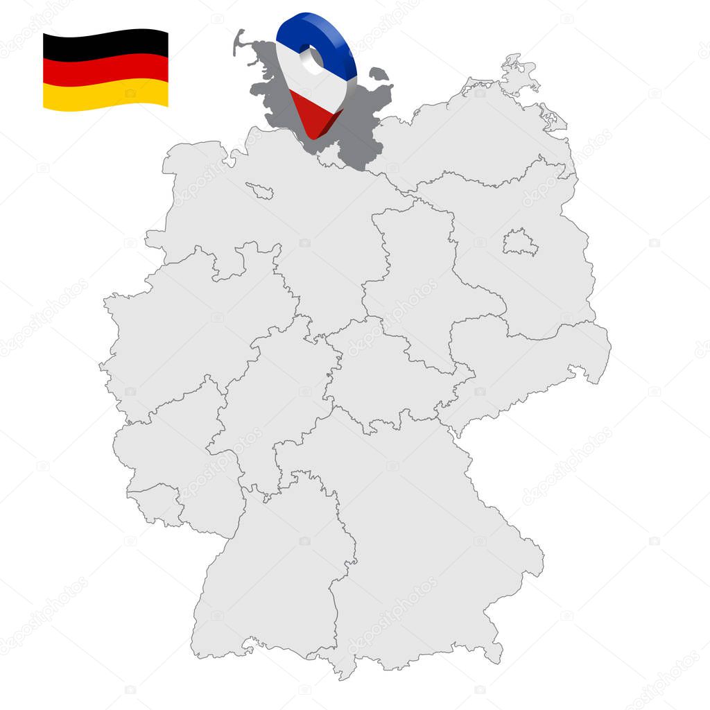 Location of Schleswig-Holstein on map Federal Republic of Germany. 3d Schleswig-Holstein location sign similar to the flag of Schleswig-Holstein. Quality map of Germany with regions. EPS10.