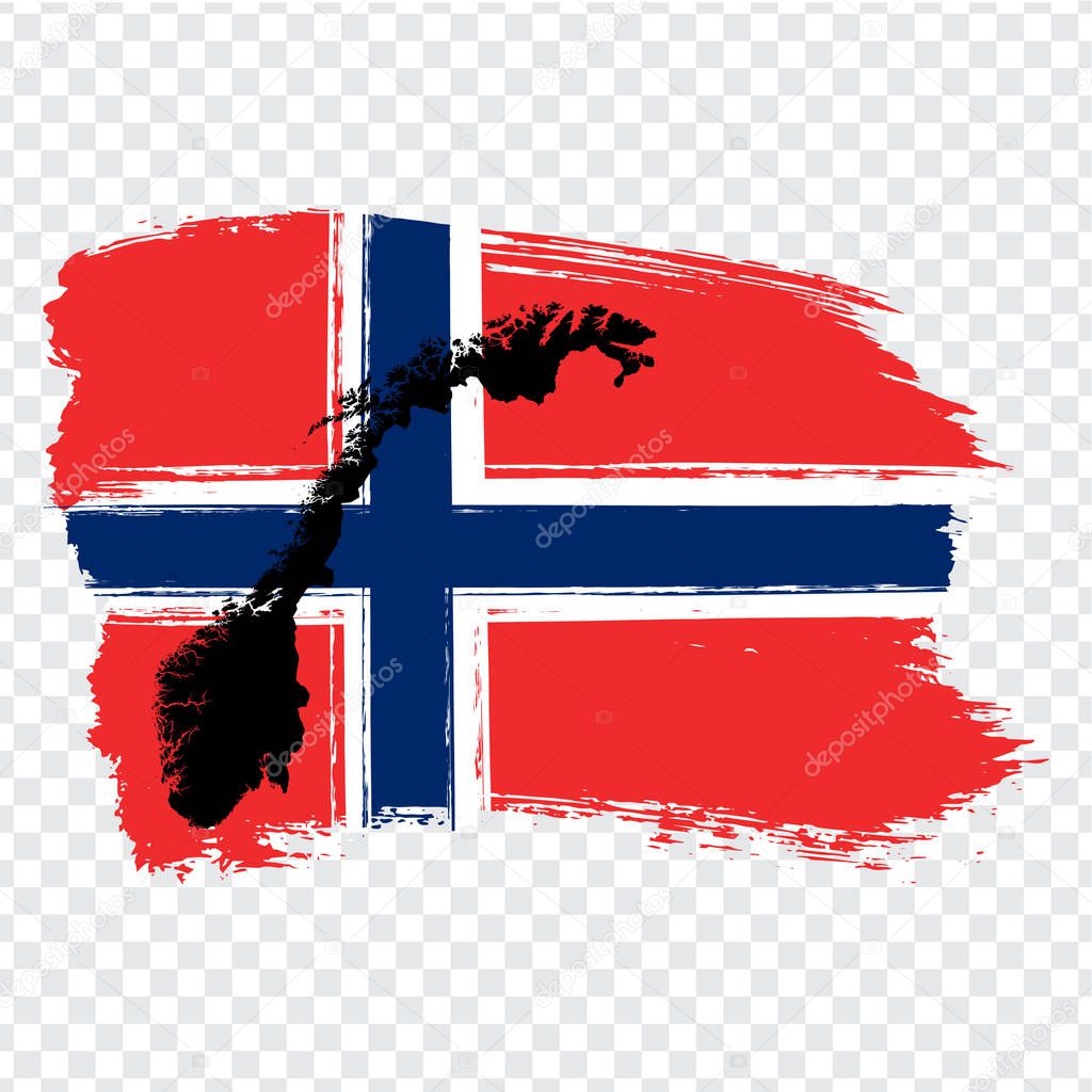 Flag Kingdom of Norway from brush strokes and Blank map of Norway. High quality map of  Norway and national flag on transparent background for your web site design, logo. Europe. EPS10.