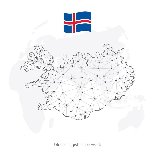 Concepto de red logística global. Mapa de la red de comunicaciones de Islandia en el contexto mundial. Mapa de Islandia con nodos en estilo poligonal y bandera nacional. EPS10 . — Archivo Imágenes Vectoriales