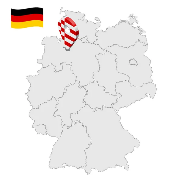 Ubicación de Bremen en el mapa República Federal de Alemania. 3d Hamburgo signo de ubicación similar a la bandera de Bremen, ciudad libre y hanseática. Mapa de Alemania con regiones. EPS10 . — Vector de stock