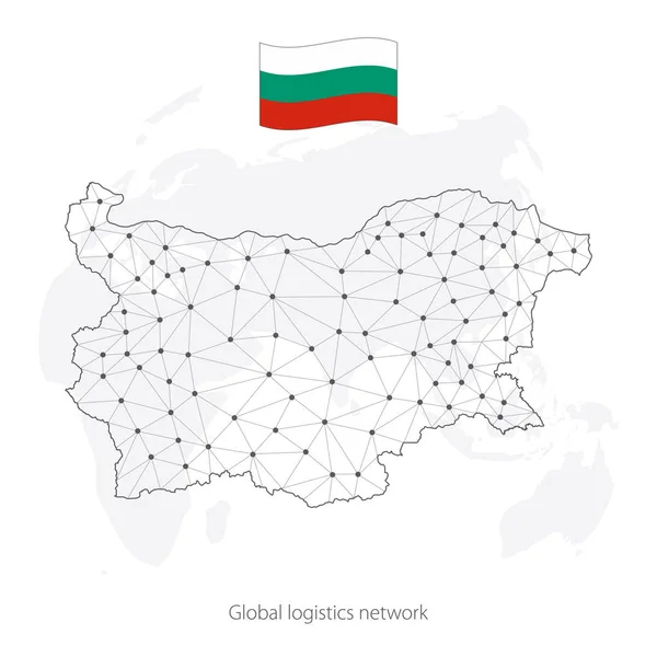 Concepto de red logística global. Mapa de la red de comunicaciones de Bulgaria en el contexto mundial. Mapa de Bulgaria con nodos en estilo poligonal y bandera nacional. EPS10 . — Archivo Imágenes Vectoriales