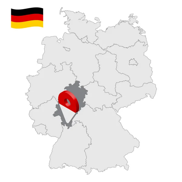 Ubicación de Hessen en el mapa República Federal de Alemania. 3d Signo de ubicación de Hessen similar a la bandera de Hessen. Mapa de calidad de Alemania con regiones. EPS10 . — Archivo Imágenes Vectoriales